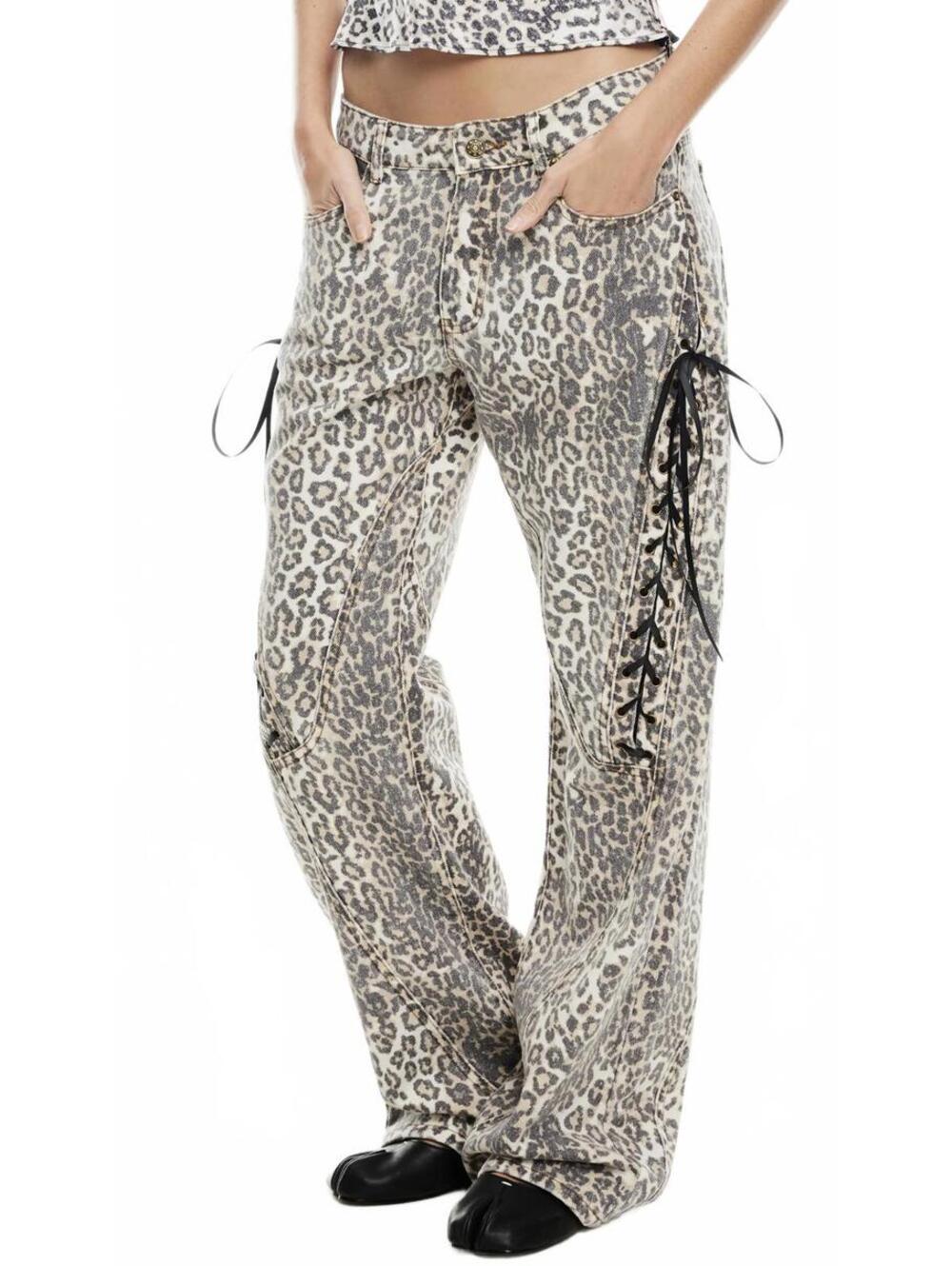 Lioness Dollhouse Lace-Up Striaght Leg Jeans Leopard Fade NWT XS